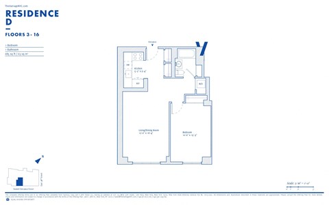 Floor plan for 1 bed, 1 bath, 700 sqft